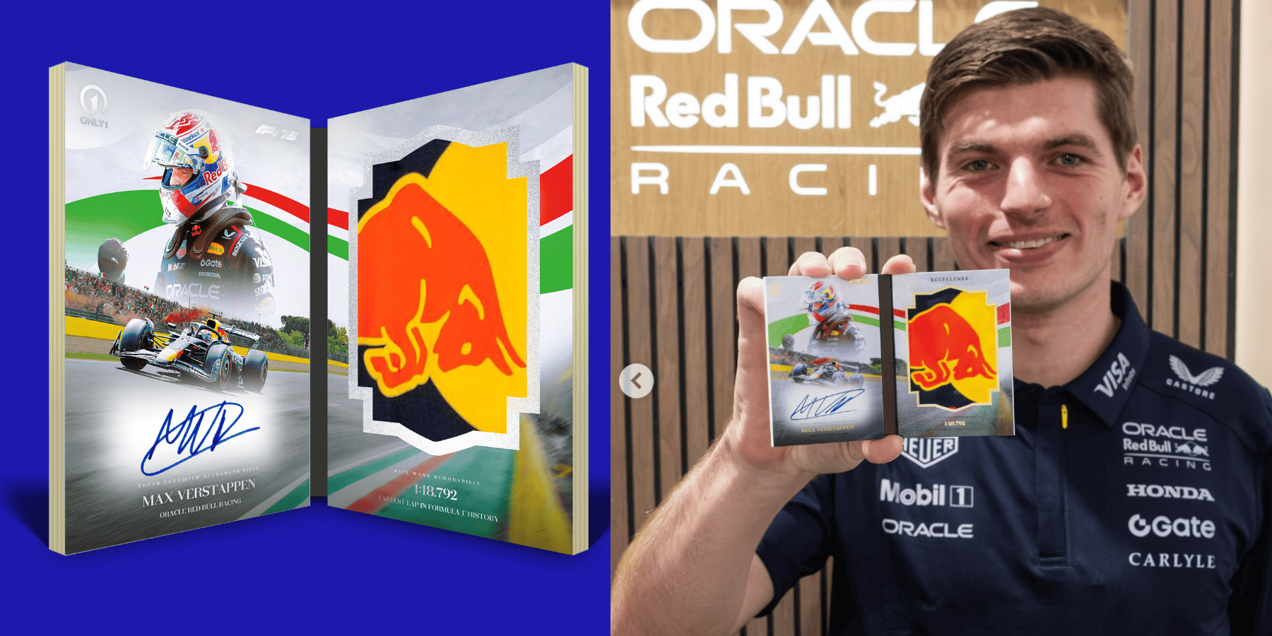 Max Verstappen 2025 Topps F1 Eccellenza 1 of 1 Autograph Relic Card announcement.