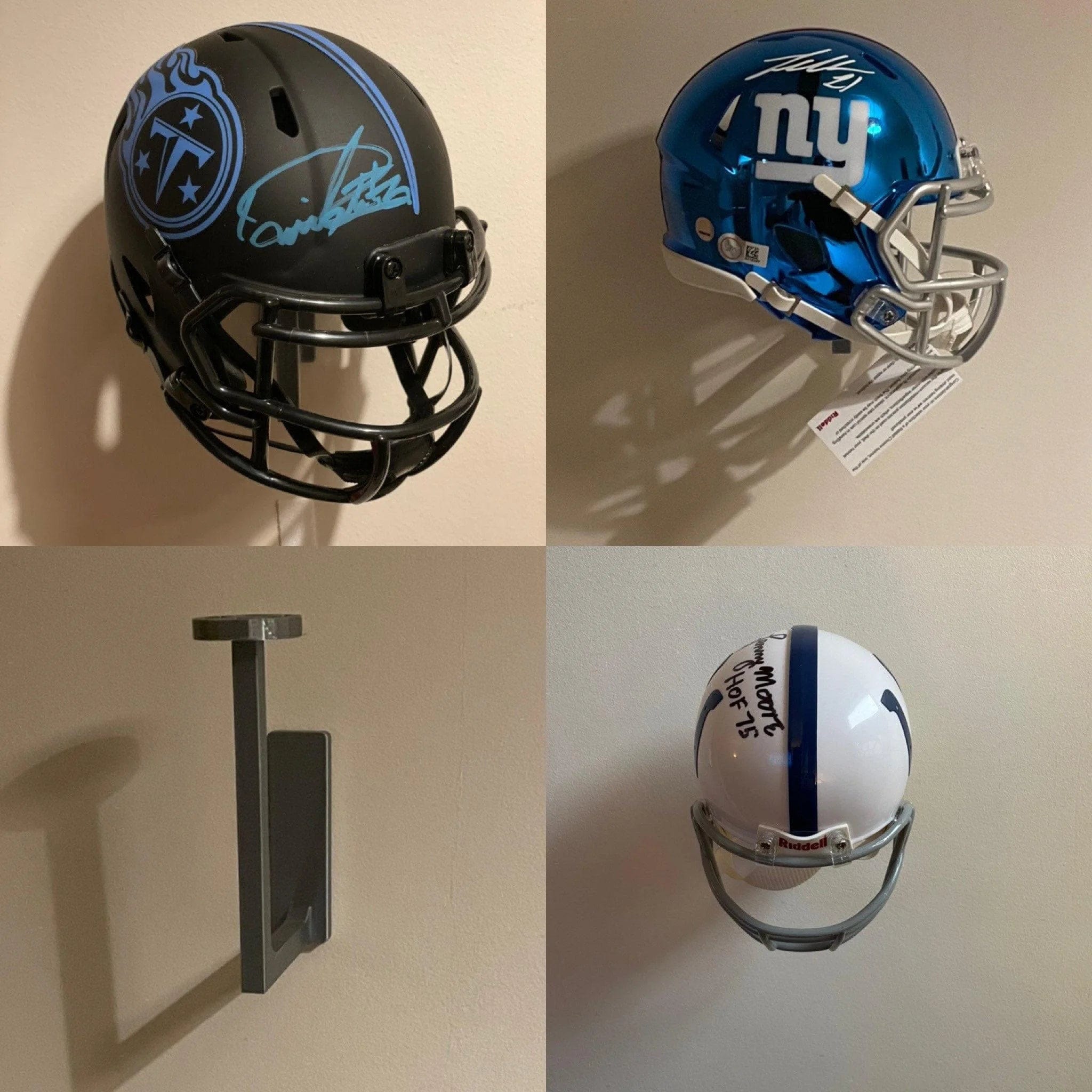 american football helmet wall mount Hidden Display, Heavy Duty Metal Hanger Holder for Full and Mini Helmets, Floating Football Helmet Shelf Case Stand, Hardwares Included, Black, Pack of 2 : Sports mounted Football Helmet Display Case is the perfect way to protect and display the autographed football helmet Football Helmet Hanger | Mini